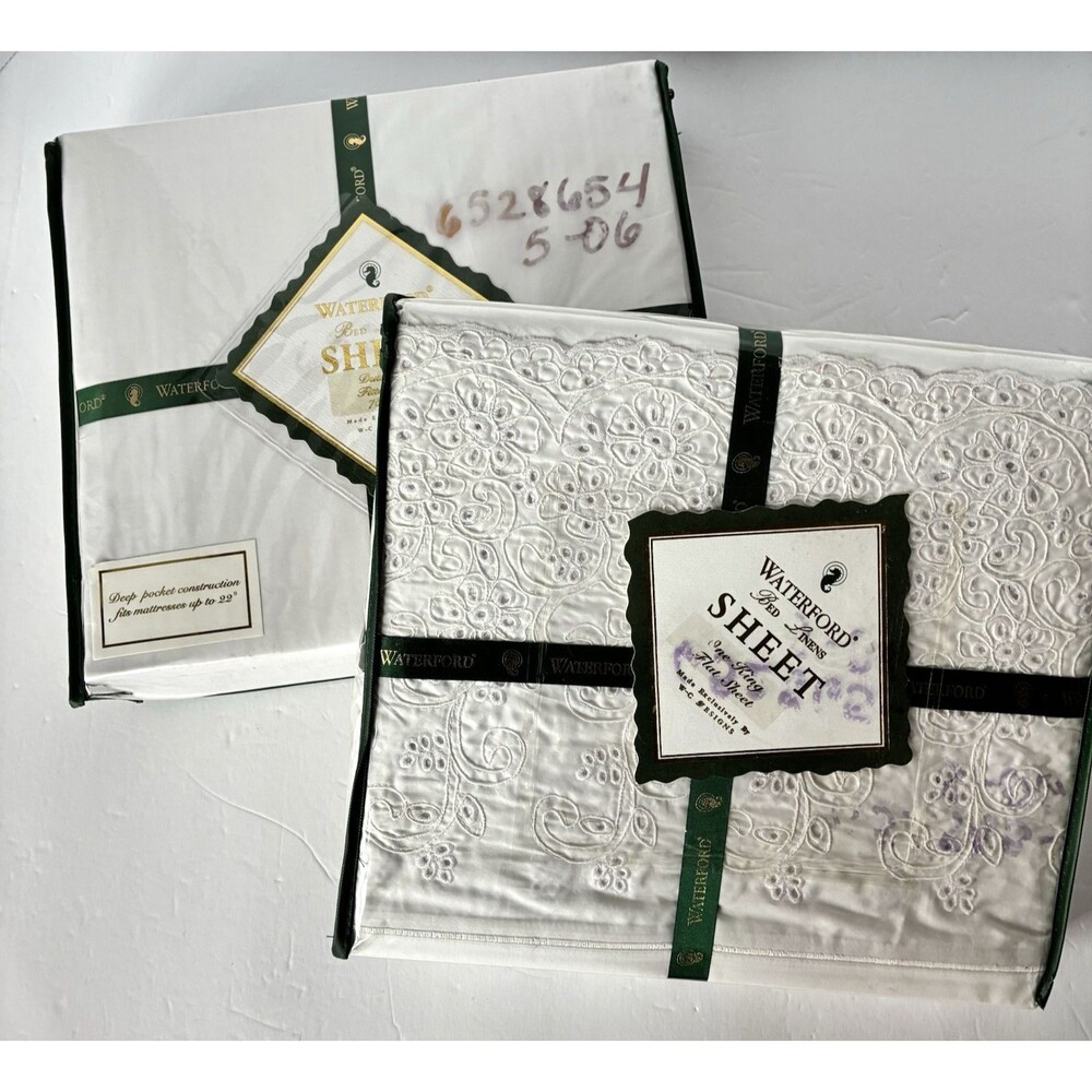 Waterford Bed Linens King Sheets Fitted & Flat Ballymore Eyelet Lace White -NEW-